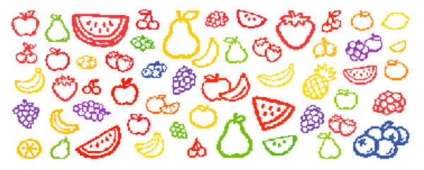 Colorful pixel art fruit collection featuring apples, berries, bananas, grapes, and watermelon. Retro 8-bit game asset icons on white background.