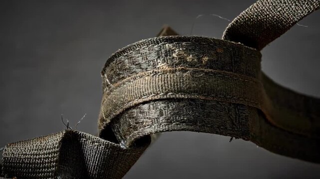 Medium shot of abrasionresistant safety harness webbing highlighting its rugged texture and durability ideal for climbing and industrial safety applications.