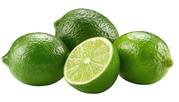  A vibrant cluster of fresh limes, showcasing the bright green hue of their rind and the juicy freshness of a cut lime, perfectly capturing the essence of the healthy citrus.