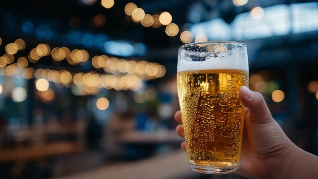 Macro shot of a hand holding a glass of golden beer, condensation beads on glass, frothy top prominent, soft-focus bar interior with glowing lights behind, cozy and inviting drinki