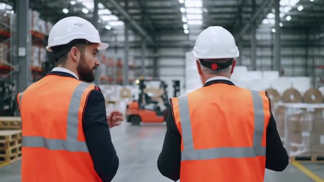 Smooth tracking video: two male professionals in white hard hats, orange vests walk vast, bright modern industrial warehouse, reviewing operations. Forklifts move goods, highlighting efficient supply