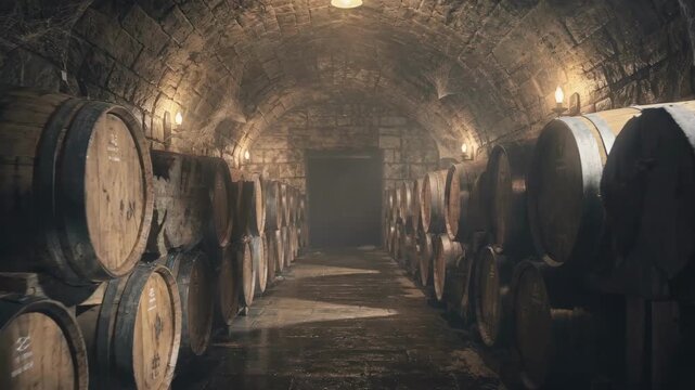 Medium shot of a dimly lit wine cellar featuring single rows of oak barrels under stone arched ceilings highlighting rustic ambiance and aged wood textures.