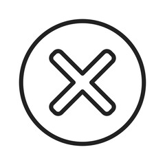 Obraz premium A simple, minimalistic black and white illustration of an 'X' symbol within a circular outline, conveying rejection or cancellation.