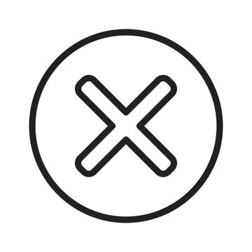 A simple, minimalistic black and white illustration of an 'X' symbol within a circular outline, conveying rejection or cancellation.