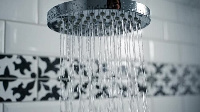Water flows from a shower head in a bathroom with white tiles and a patterned border