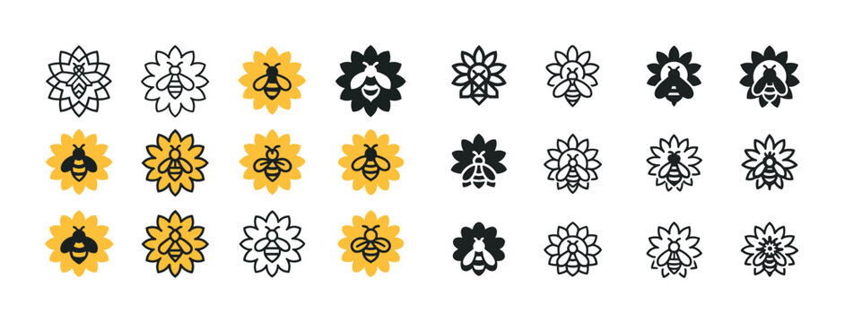 Vector bee and flower icons in black, white, and yellow - pattern and design