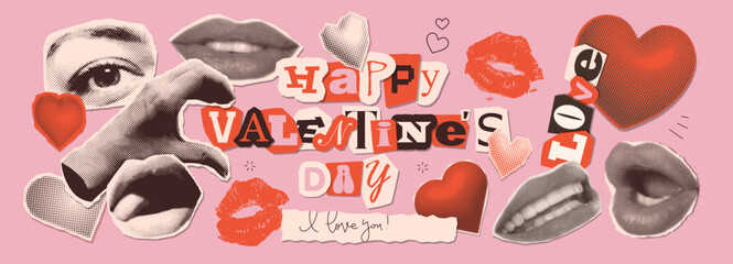 Retro halftone paper stickers set for Valentines day. Woman shows tongue. Heart hands. Red Kissing lips prints. Vintage collage elements. Pop art dotted Trendy newspaper parts. Vector Paper cutout.
