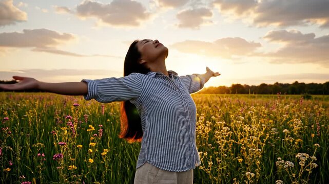 Woman with arms outstretched in field