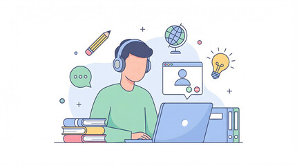 Modern linear flat illustration of online course and distance learning