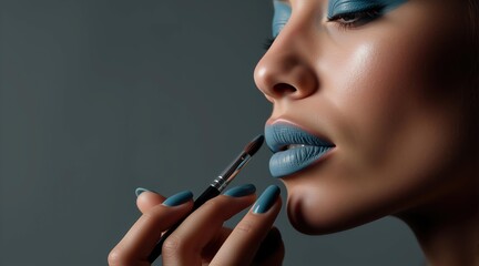 Fototapeta premium Woman applying blue lipstick with a brush. Makeup artist creating a bold and artistic beauty look. Concept of cosmetology and fashion.