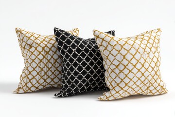 Naklejka premium Luxurious Pillows Trio: Three designer pillows, each adorned with a unique geometric pattern, rest in an inviting display, showcasing a symphony of textures and subtle shades.
