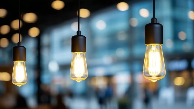 Row of modern stylish decorative lamps with vintage glass bulbs hanging from black cords, glowing filaments create layered depth, soft defocused background lights, contemporary int