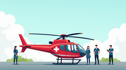 Clean rescue helicopter doctor team near helicopter. Light sky background for emergency healthcare response concept