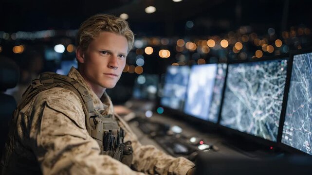 Soldier in a dimly lit control room, multiple screens displaying maps, heat signatures, and real-time tactical data, focused expression, cinematic military command scenario