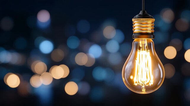 Suspended retro Edison bulb against a dark background, filament glowing like molten gold, subtle smoke-like light diffusion, soft bokeh accents, dramatic yet minimal composition sy