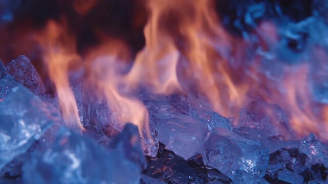 Swirling clash of blazing fire and crystalline ice, macro textures of melting ice and flickering flames, vibrant reds, oranges, and icy blues, explosive dynamic energy, close-up ci