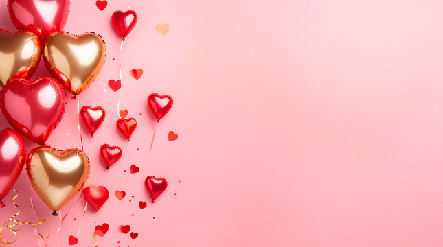Composici&oacute;n rom&aacute;ntica minimalista con globos decorativos dorados y rojos sobre fondo rosa pastel. Estilo elegante y festivo con confeti en forma de corazones y amplio espacio para texto.