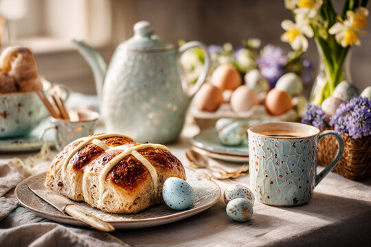A brunch table is set for Easter with pastel tableware, colorful decorated eggs, spring flowers, and hot cross buns. Friends and family gather to celebrate this holiday together