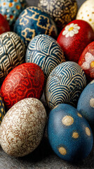 Fototapeta premium A basket holds several decorated Easter eggs in various colors and patterns. This scene takes place during the Easter holiday, showcasing traditional egg decorating