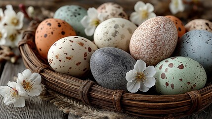 Obraz premium A collection of beautifully speckled eggs rests in a woven basket, accompanied by blossoming flowers. The scene evokes a sense of springtime joy and warmth, inviting creativity