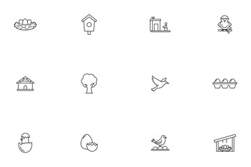Set of minimalist bird, egg, and nest line art icons for nature, poultry farming, and spring themed designs