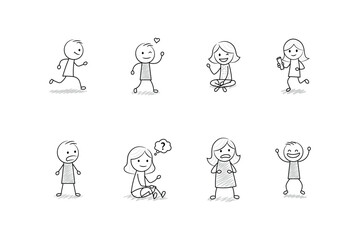 Collection of hand drawn stick figure characters expressing various emotions and actions, minimalist people doodle icon set