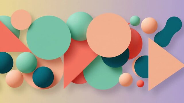 Colorful shapes move on a light background creating a simple design pattern with circles, triangles, and curves