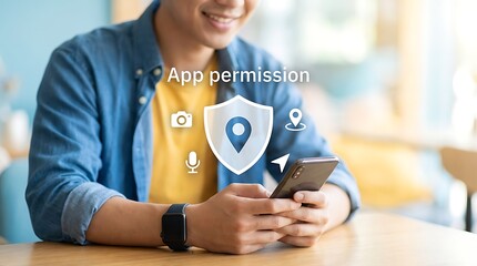 Young man uses smartphone to manage app permissions for camera microphone and location access