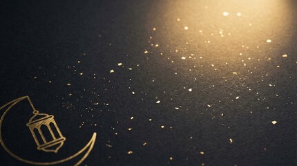 Fototapeta premium Ramadan Abstract Background: Dark Matte Paper Texture with Subtle Gold Foil Speckles and Soft Glow, Elegant Luxury Negative Space