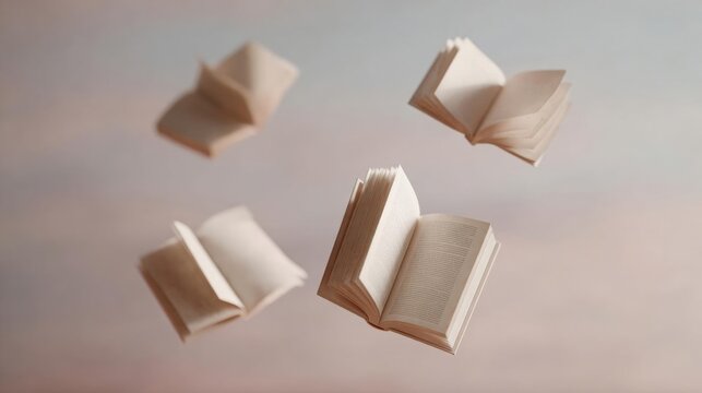 Open book flying in the air. the book is in the center of the image, with its pages spread out and its spine facing upwards. the pages are white and appear to be made of paper or cardboard.