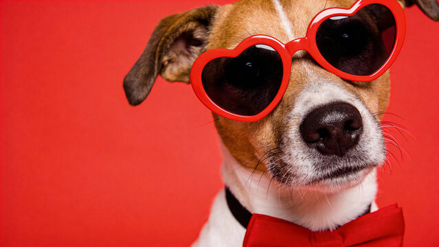 Dog wears heart-shaped sunglasses and a red bow tie in front of a bright red background during a fun photo session in a studio setting