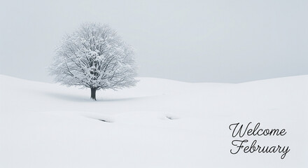 Fototapeta premium Snowy winter tree with welcome February text in serene white landscape