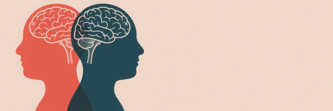 Metaphor bipolar disorder mind mental. Double face. Split personality. Concept mood disorder. Psychology. Dual personality concept. 2 Head silhouette.Mental health. Tangle and untangle