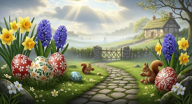 Easter scene with squirrels and flowers by a cozy cottage on a sunny day