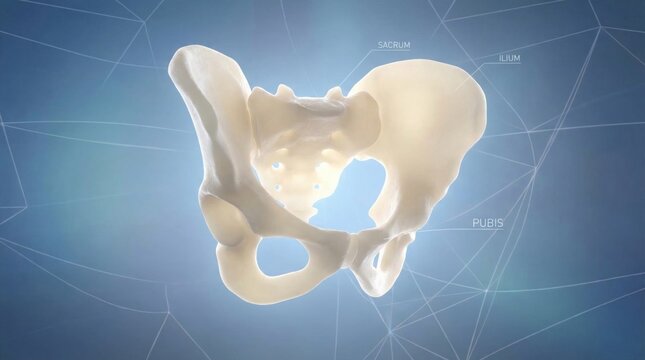 Human Pelvic Bone Anatomy - A detailed anatomical illustration of a human pelvic bone against a blue background