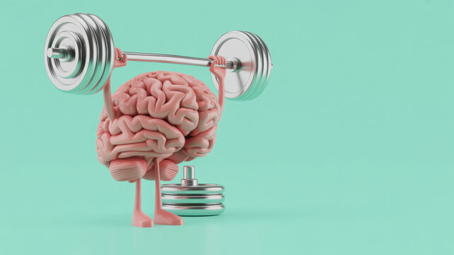 Three dimensional render of human brain lifting weights 
