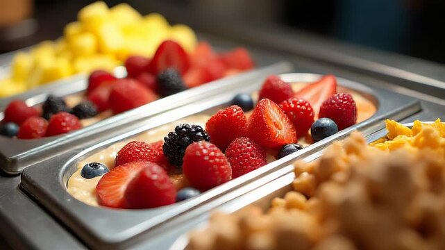 Video Fresh fruit and waffles served on decorative trays, perfect for breakfast or brunch