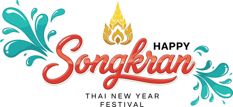 Happy Songkran Thai New Year Festival vector logo with bold red typography water splashes and traditional golden flame symbol.