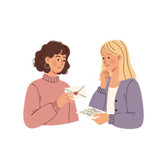Fototapeta premium Two young women celebrating galentine's day, smiling and exchanging cards in a colorful digital illustration with pastel tones. Perfect for galentine's day promotions, social media posts,