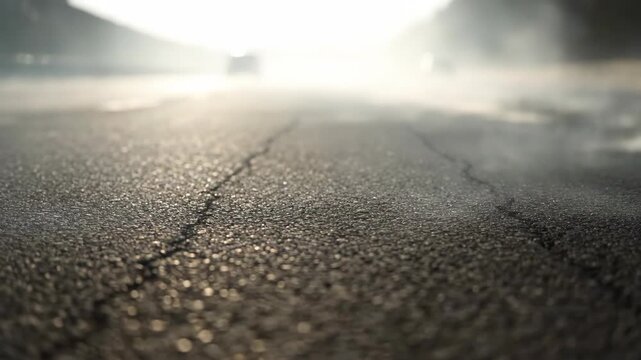 Low angle view of hot asphalt road with heat haze and steam. Blurred cars driving in background on sunny day