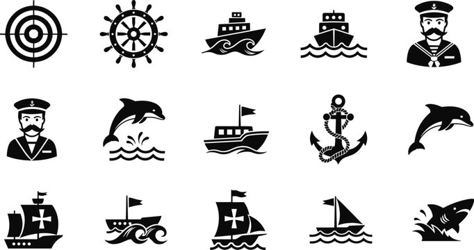 Set of Black Minimalist Nautical Vector Icons Featuring Ships Sailors Dolphins Anchors and Maritime Symbols Isolated on a White Background