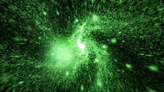Bright green light sparkles in dark space with vibrant bursts and shining effects during nighttime event