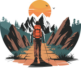 High-quality hiking vector illustration perfect for outdoor adventure, camping, travel branding, t-shirt design and digital projects.
