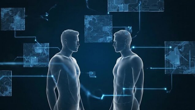 Digital Encounter: Two silhouetted figures confront each other amidst a network of glowing digital interfaces, exploring the intersection of humanity and technology, hinting at connection.