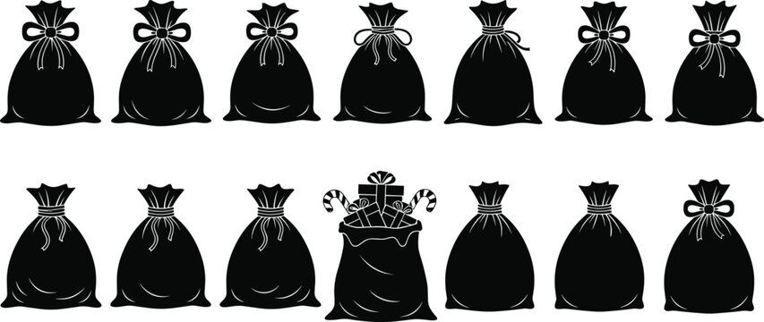 Silhouette Set of 14 Gift Bags with One Open Bag of Presents for Holiday, Surprise, and Festive Packaging Concepts
