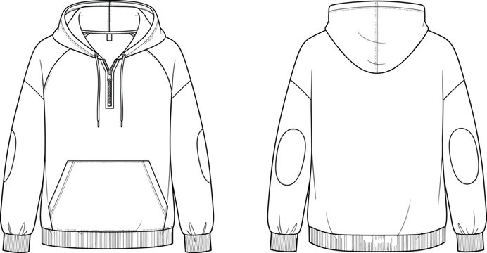Technical Fashion Flat Sketch of a Half Zip Hooded Sweatshirt Featuring Front and Back Views with Elbow Patches and Kangaroo Pocket Detail