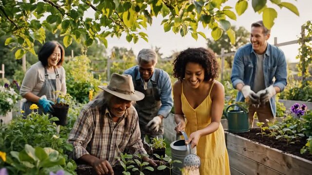 Group of people gardening together in sunny garden.