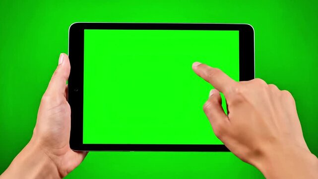 Hands Touching a Tablet with Green Screen Display, Close-up of Fingers Interacting with Chroma Key Device on Green Background 4k, video