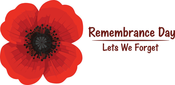 Red poppy flower vector illustration for Remembrance Day memorial background with lest we forget commemorative typography text.