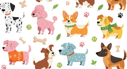 Fototapeta premium Playful Seamless Pattern with Cute Dogs in Sweaters and Scarves Featuring Dalmatian Poodle Corgi and German Shepherd with Bones and Tennis Balls